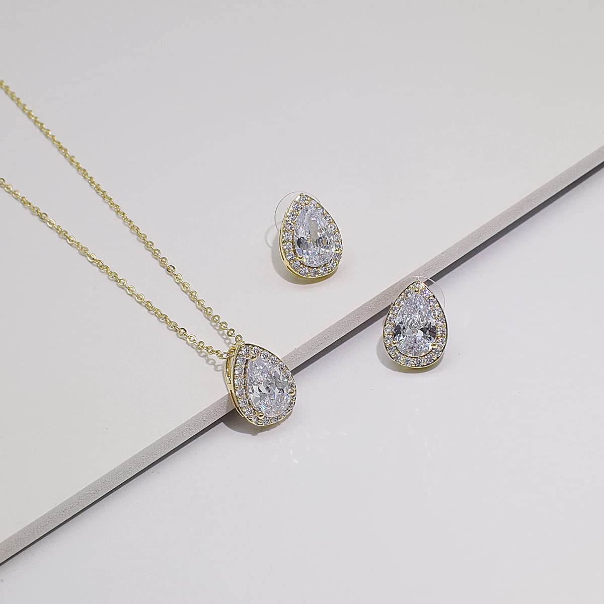 UDYLGOON Teardrop Cubic Zirconia Jewelry Set Necklace Earrings Bracelet Bridal Wedding Jewelry for Women Bridesmaid Prom Party (2 Set - Gold Plated)