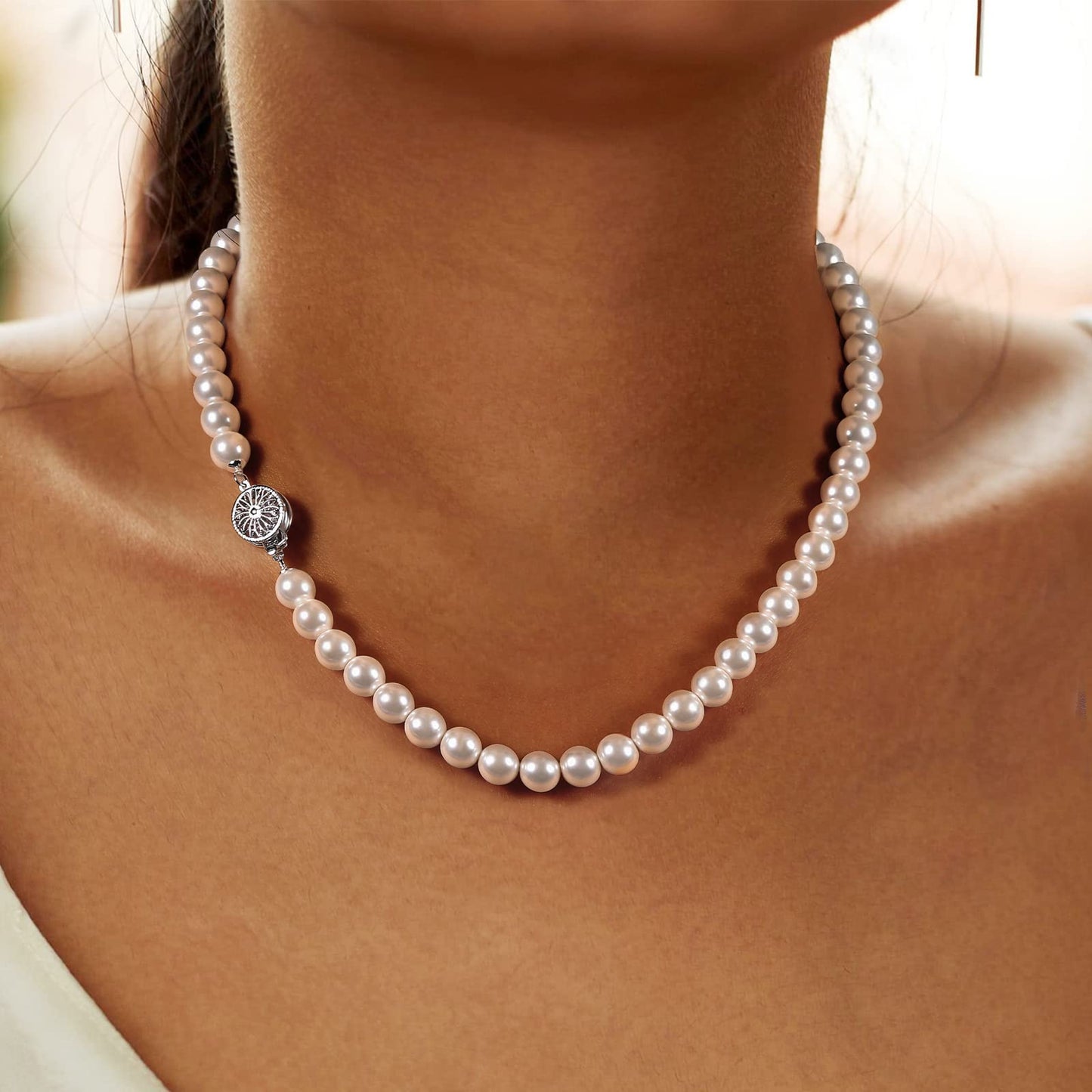 White Pearl Strand Necklace Women: 8mm/10mm Ivory Pearl Chain Wedding Jewelry with Dainty Silver Clasp for Bride Bridemaid - Trendy Accessory for Mother Graduate Elegant Lady (10mm)
