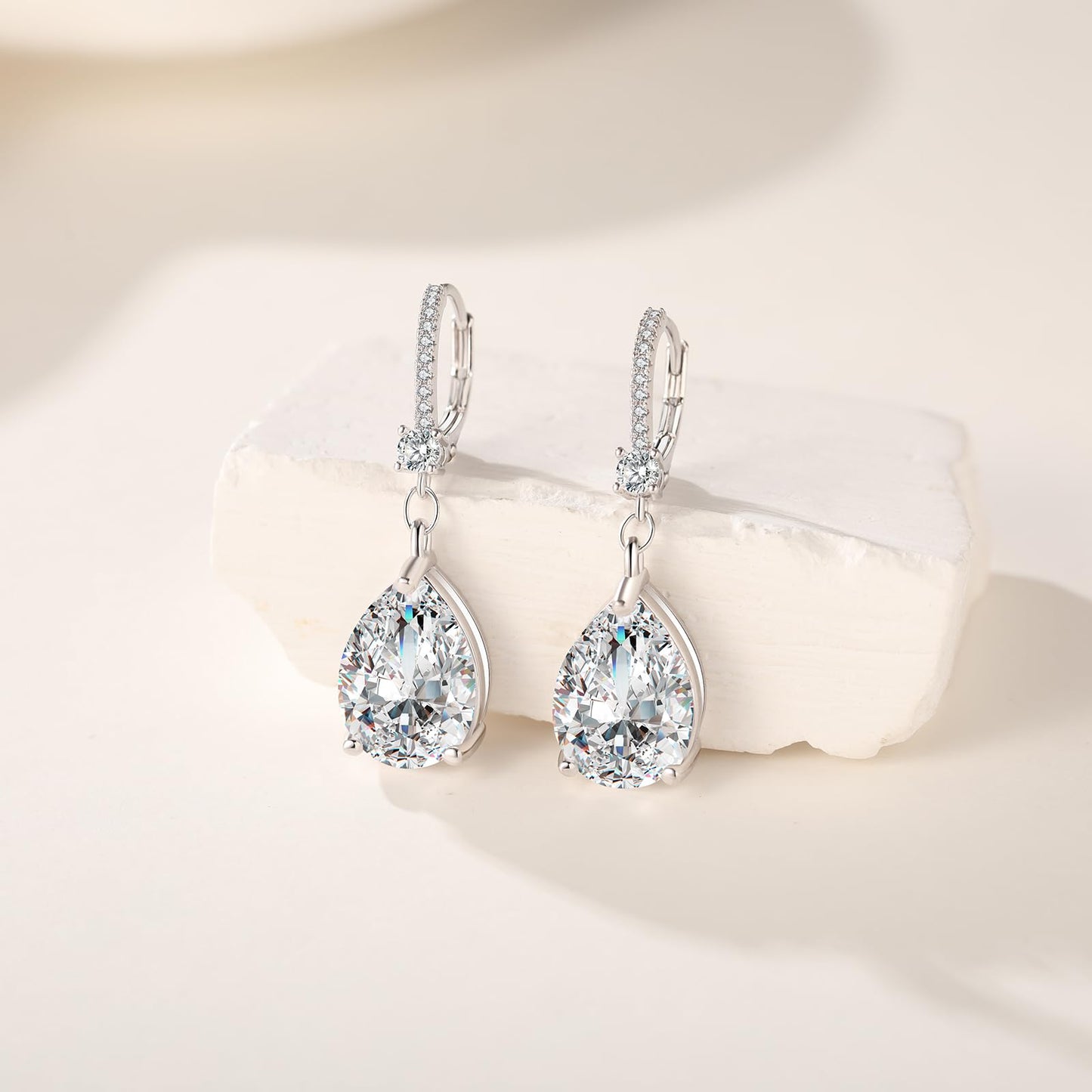 BAMIKI Sterling Silver Teardrop Leverback Dangle Earrings for Women Hypoallergenic, 10×14mm Pear Birthstone Cubic Zircon Drop Earrings Trendy Jewelry Gifts for Wife Daughter Mother