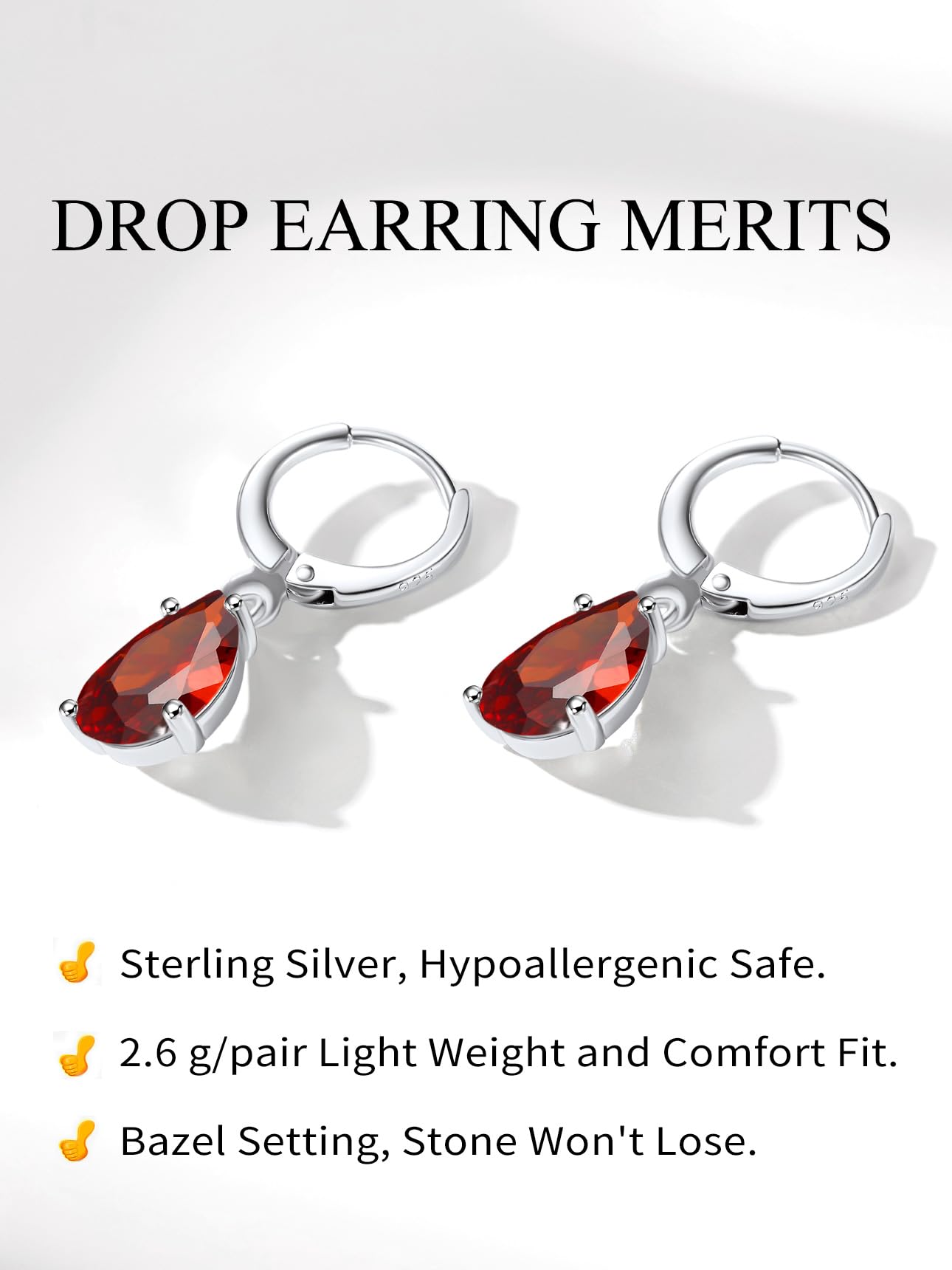Bestyle Sterling Silver Teardrop July Birthstone Earrings Dangle - Sparkle Ruby Red Drop Earrings for Women Dangling -Small Silver Huggie Hoop Earrings For Women | Trendy CZ Huggie Earrings