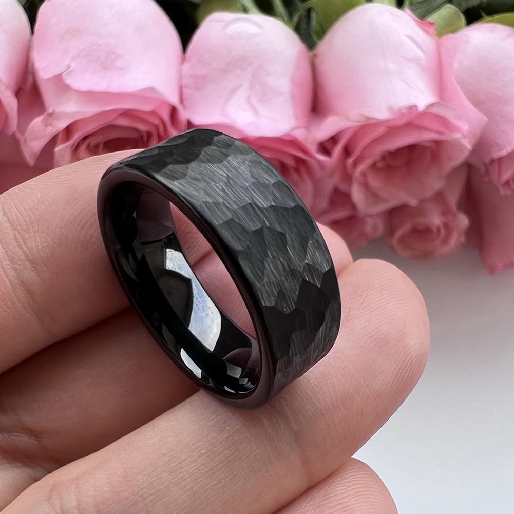 TUTISS 8mm Black Hammered Tungsten Carbide Rings for Men Women Fashion Engagement Wedding Bands Matte Finish I Love You Engraved Comfort Fit Size 10