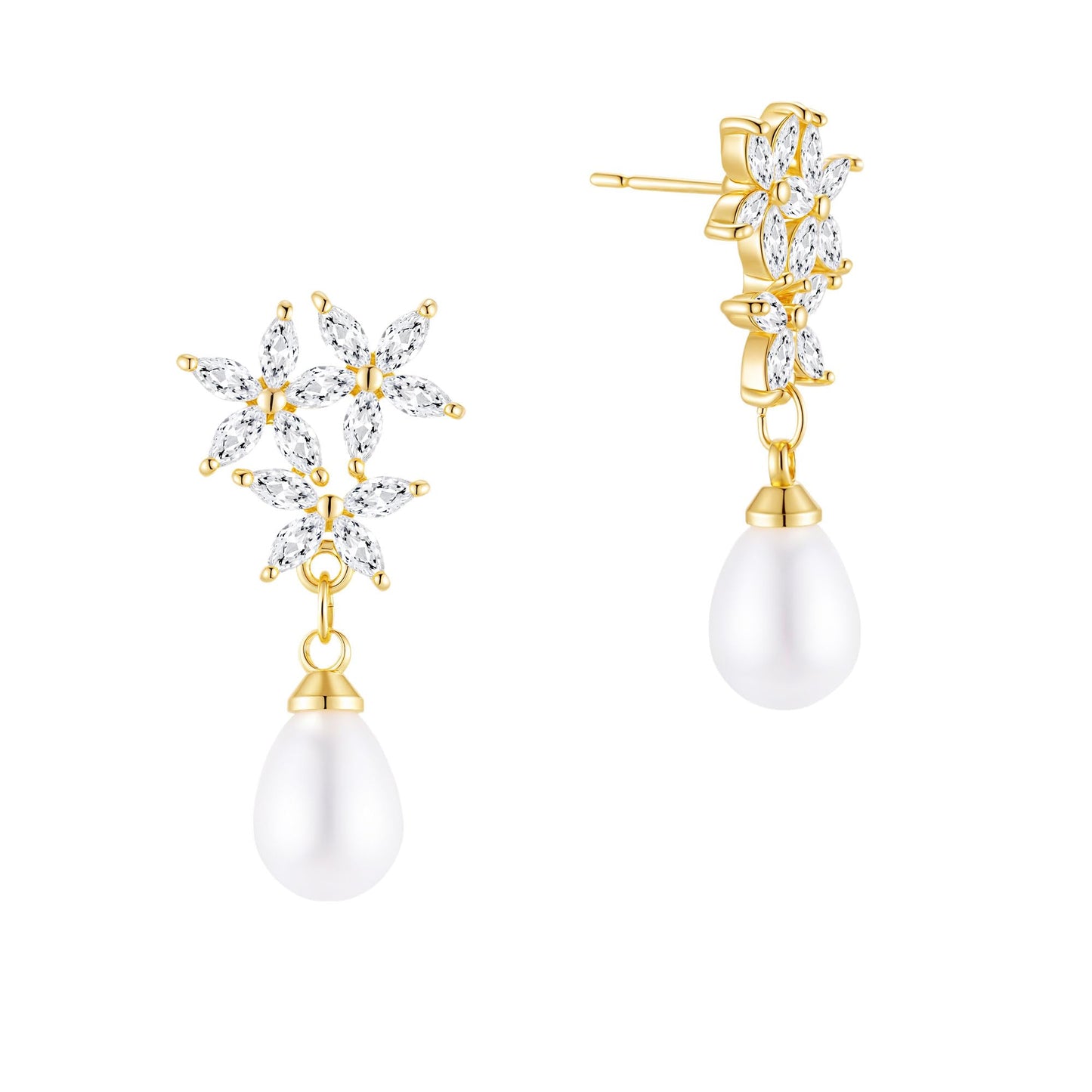 PRTGL Pearl Earrings - 14K Gold Plated Flower Cubic Ziconia Pearl Drop Wedding Earrings for Bridal Bridesmaid