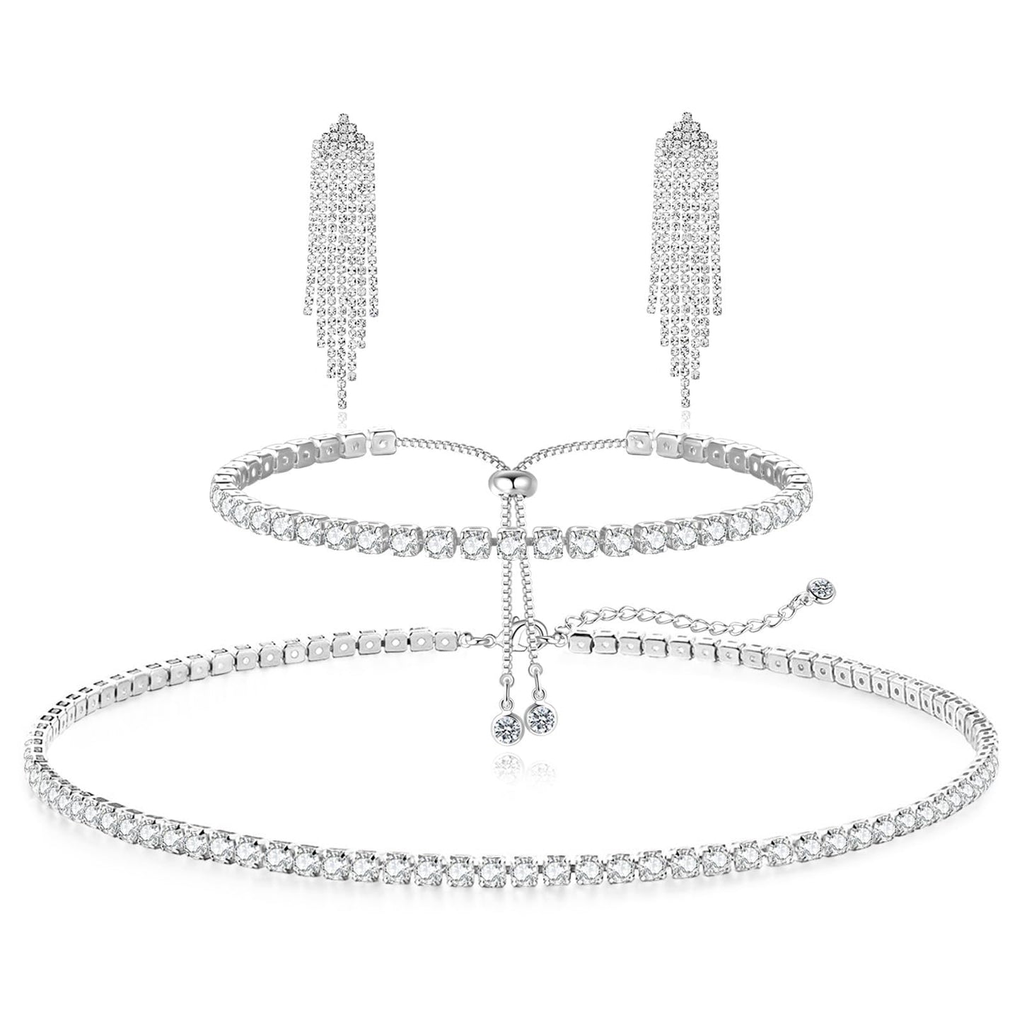 LULII Tennis Necklace Set for Women Dainty Sterling Silver Necklace and Earring Sets Rhinestone Dangle Earrings Crystal Bracelets for Women Silver Jewelry Sets for Bride Gift