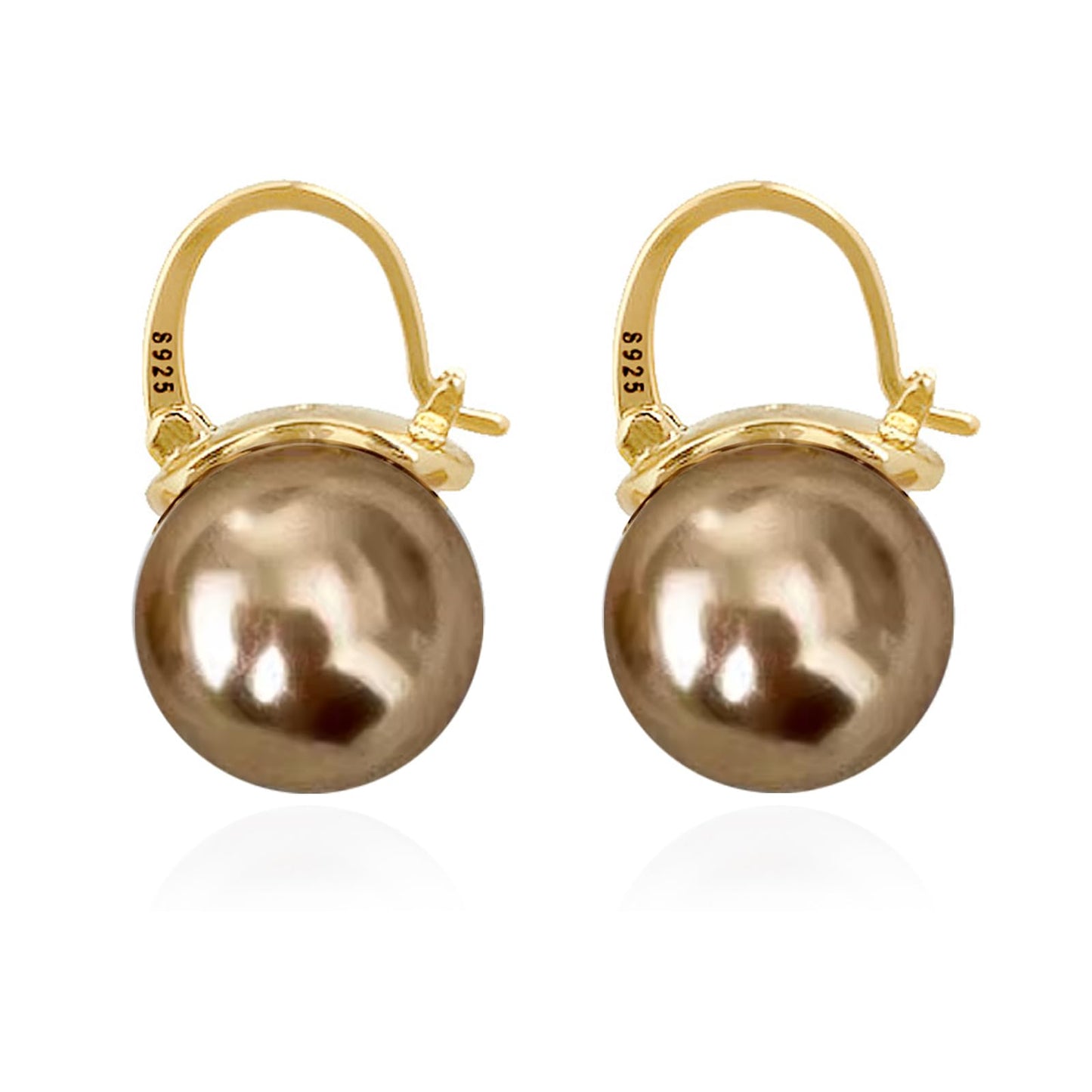 OwMell Elegant 925 Sterling Silver Pearl Drop Earrings Dangle Stud Gold Plated Earrings for Women Large Size 12mm - Champagne Gold
