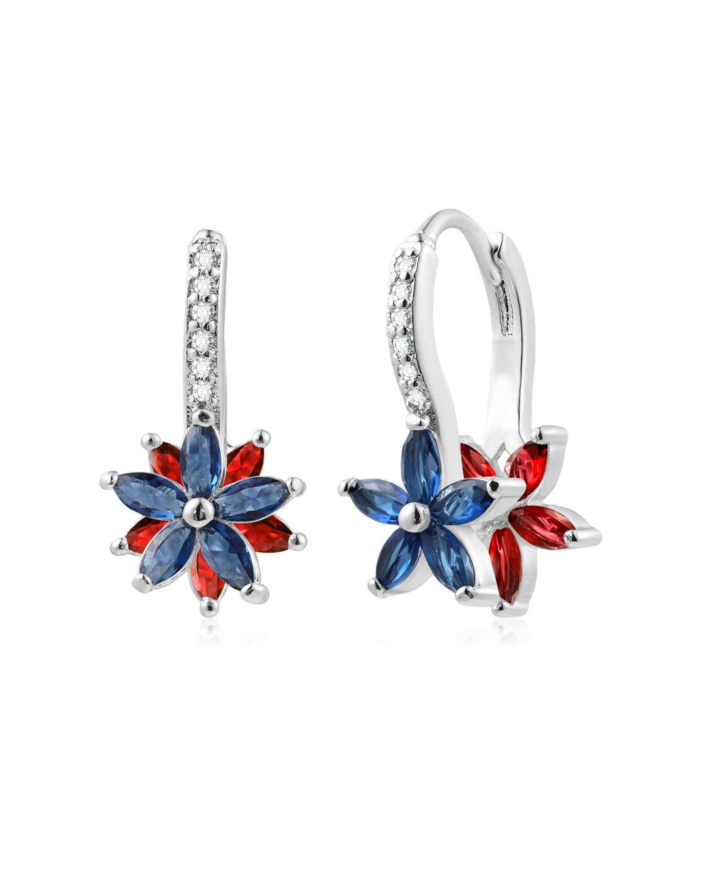 Watforsh 925 Sterling Silver Flower Earrings for Women Dangling Leverback Earrings with Red and Blue Crystal Double Floral