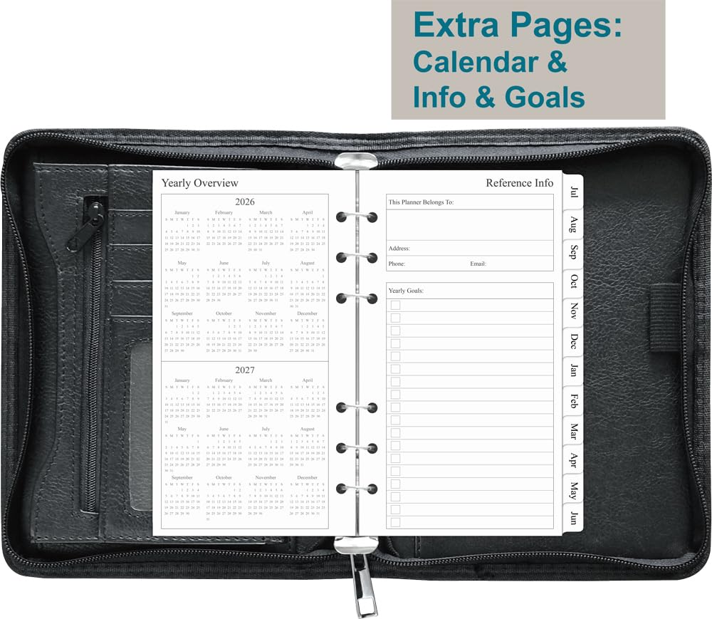 Fan&Ran 2026-2027 Zipped Planner Organizer, Weekly and Monthly Refills with Simulated Leather Cover, Personal Size, Black