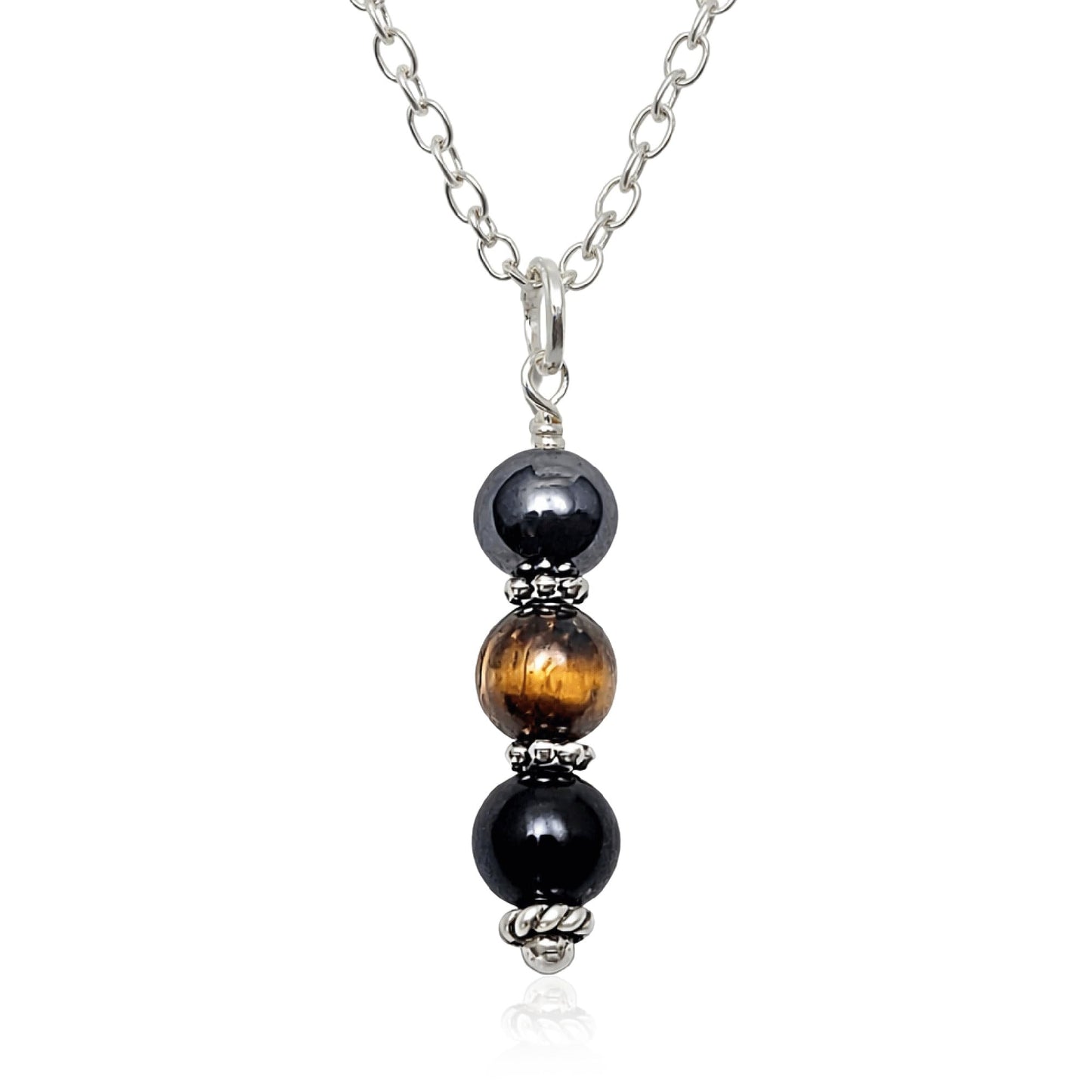 EnCharmed Antique Silver Triple Protection Necklace, Handmade Healing Jewelry for Luck Prosperity Happiness, Natural Hematite Tiger Eye and Black Obsidian Pendant, Spiritual Gift for Men or Women