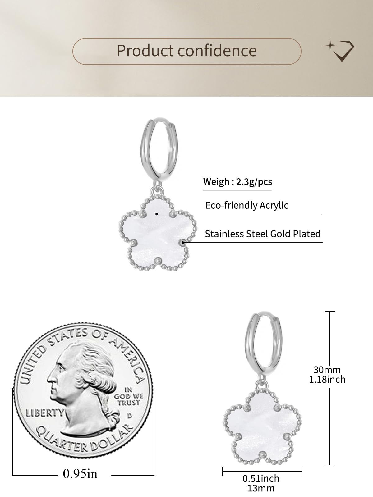 Gold Plated Five Leaf Clover Dangle Earrings for Women Lucky Flower Jewelry (White-White Gold Plated)