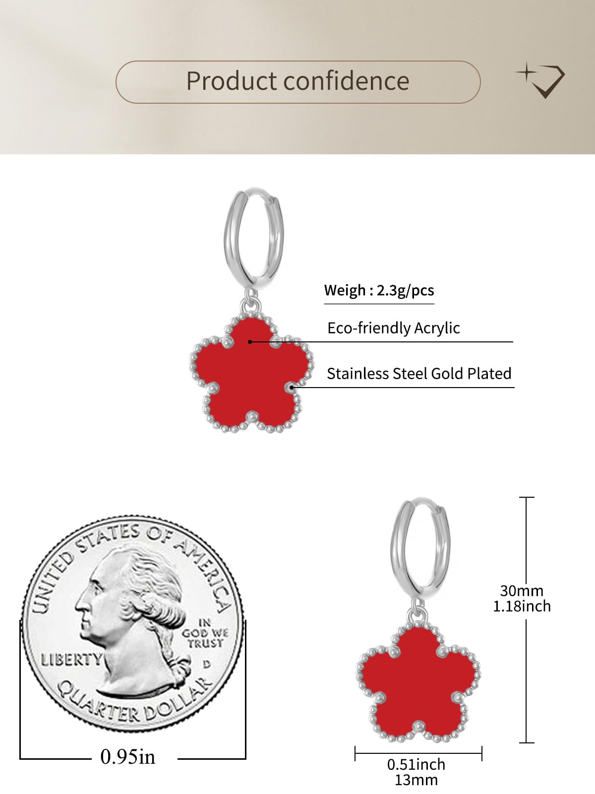 Gold Plated Five Leaf Clover Dangle Earrings for Women Lucky Flower Jewelry (Red-White Gold Plated)