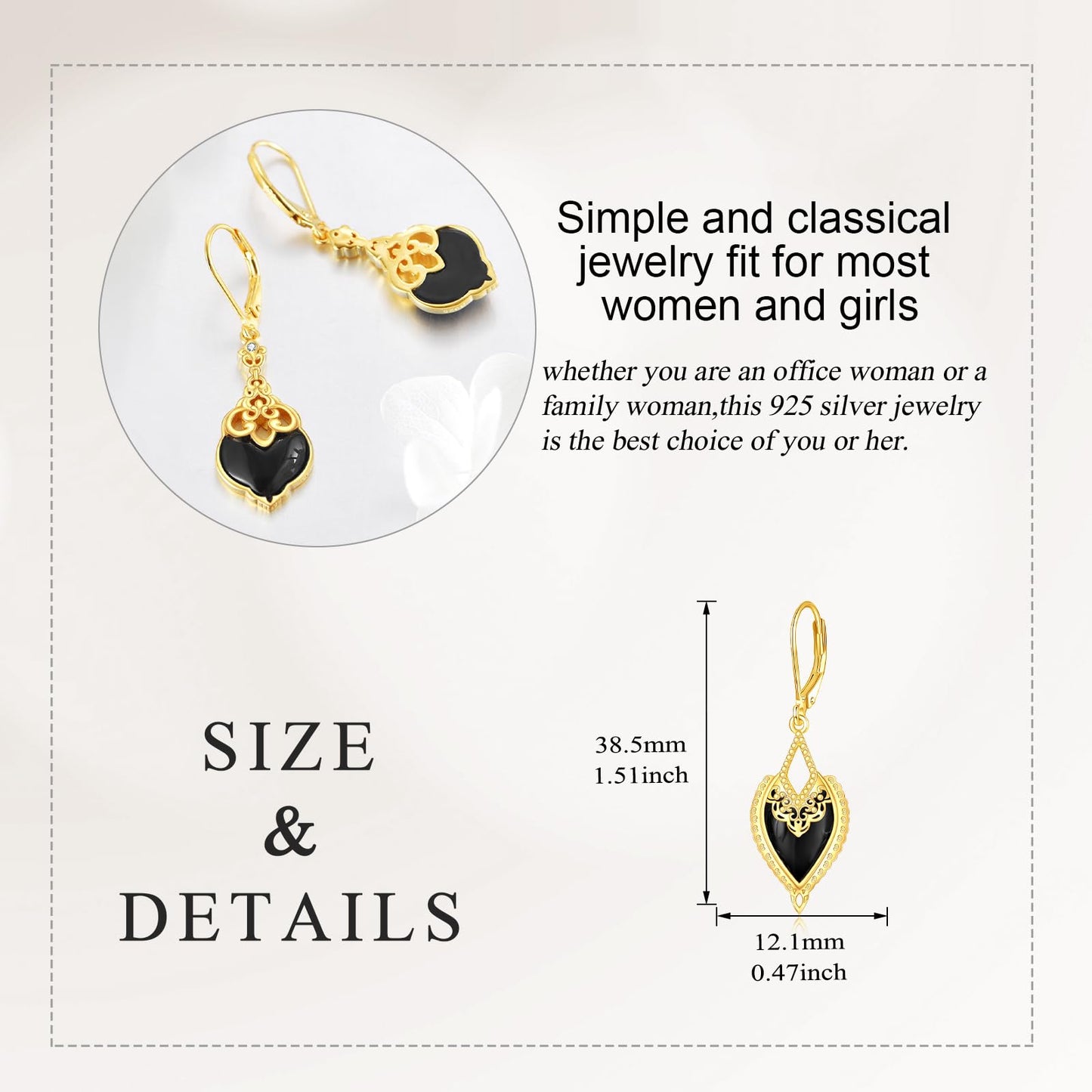 Black Onyx Drop Earrings for Women Sterling Silver 18K Yellow Gold Plated Filigree Black Onyx Dangle Leverback Earrings Jewelry Gifts