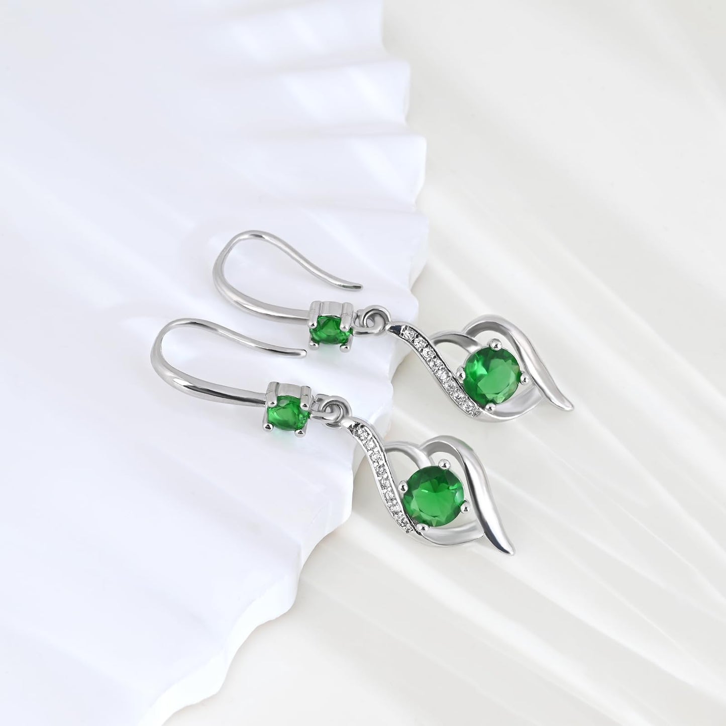 Heart Emerald Drop Dangle Earrings-925 Sterling Silver with Green Crystals-Long Birthstone Jewellery for Women