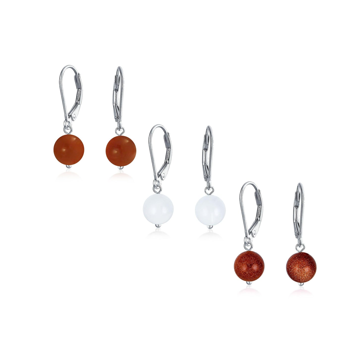Bling Jewelry Timeless .925 Sterling Silver Red Carnelian, White Jade, Brown Golden Sandstone 8mm Ball Drop Earrings Secure Lever Back Genuine Gemstone (Set of 3)