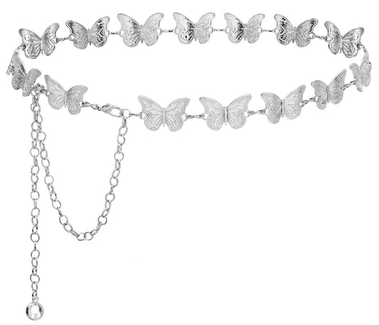 Putcuku Waist Chain Belts for Women Adjustable Belly Chain Fashion Metal Link Chain for Dresses (Butterfly Silver-XL)
