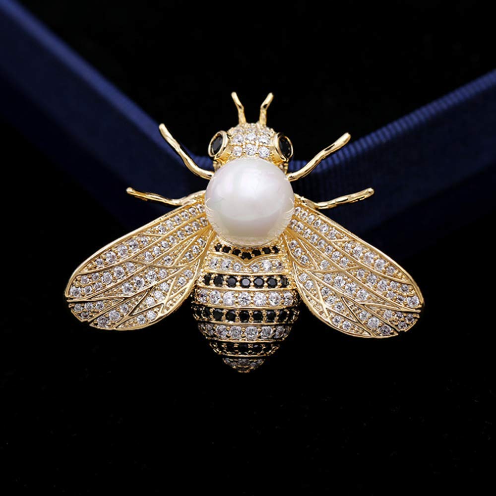 Honey Bee Brooches Crystal Insect Themed Bee Brooch Animal Fashion Shell Pearl Brooch Pin 14K Gold Plated (white pearl)