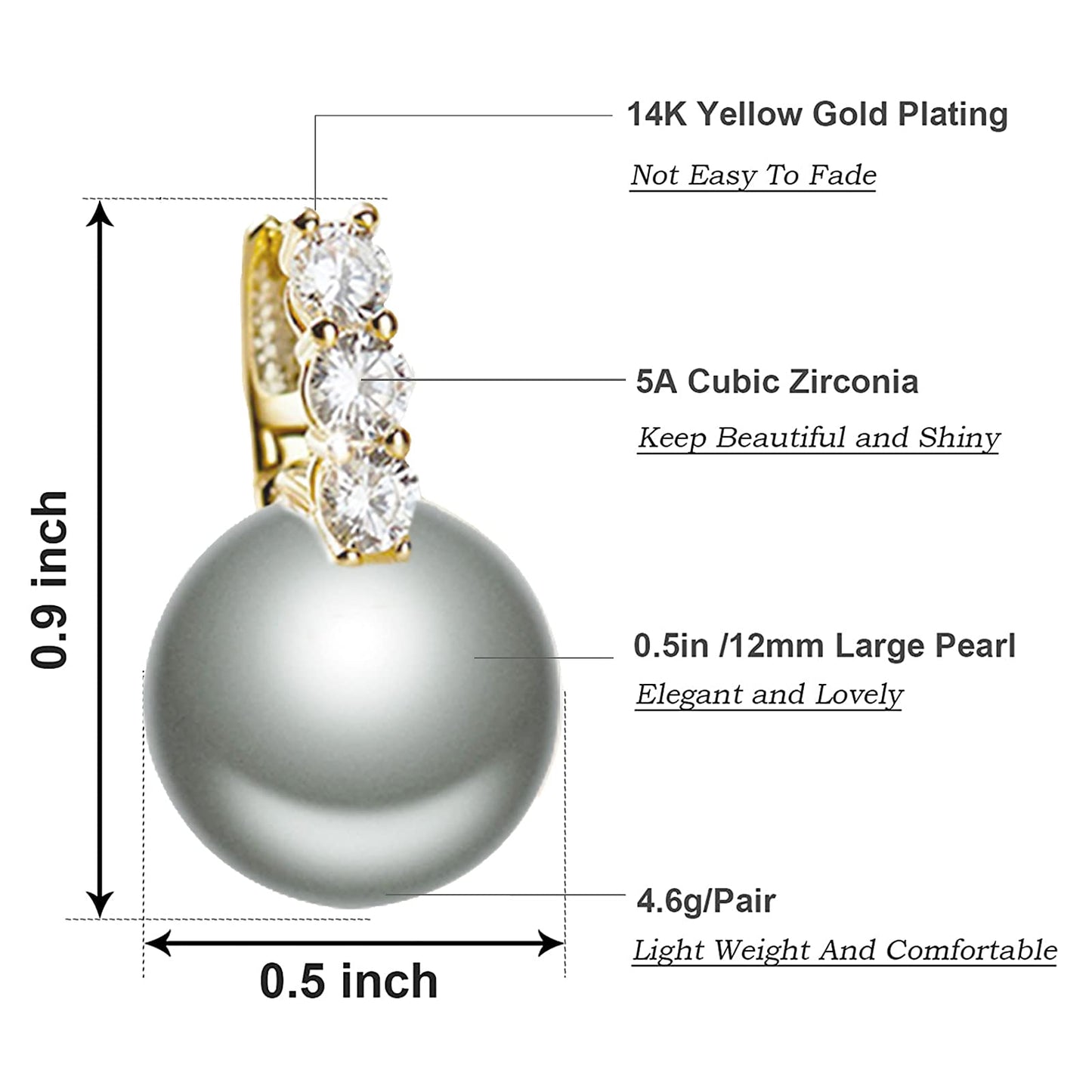 Pearl Earrings for Women 14K Gold Plated Hypoallergenic Pearl Earrings 5A Cubic Zirconia Dangle Earrings Elegant Jewelry (1-Gold-black)