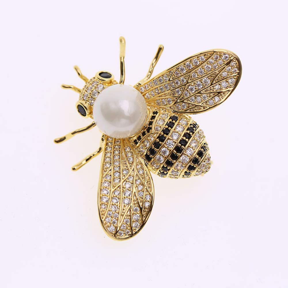 Honey Bee Brooches Crystal Insect Themed Bee Brooch Animal Fashion Shell Pearl Brooch Pin 14K Gold Plated (white pearl)