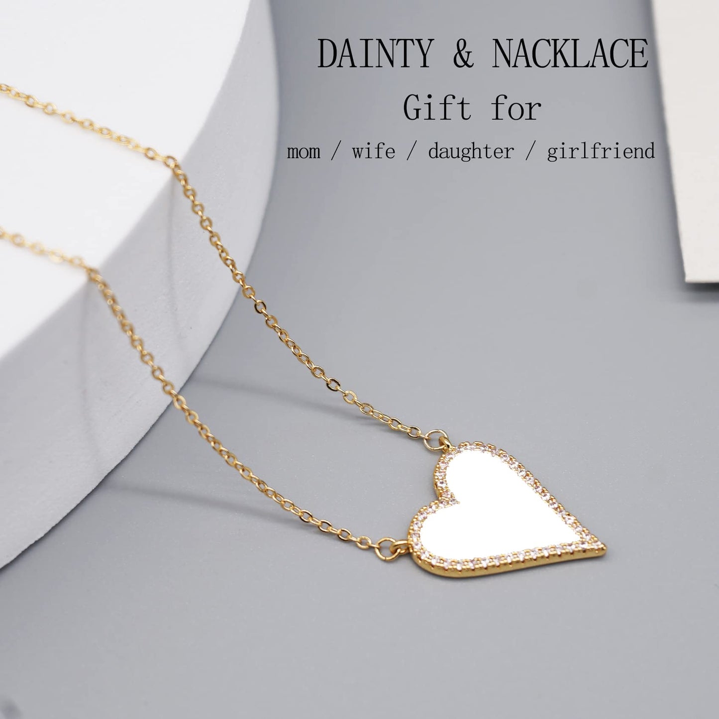 JINGDR Women's Heart Necklace, Preppy Dainty Paperclip Chain, Gold Plated, Love Heart Pendant, White, 16 inches