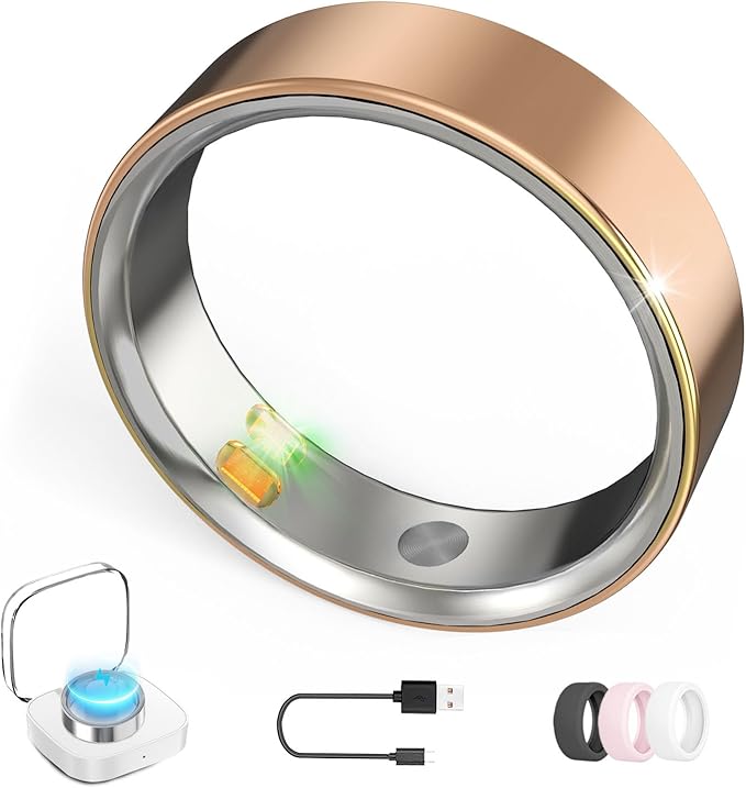 Smart Ring with Vibration Alerts, health tracker ring with Body Temperature Monitor, Heart Rate, Sleep & Fitness Tracking, Waterproof Activity Ring for Men & Women, No App Fees (Rose Gold, 6#)