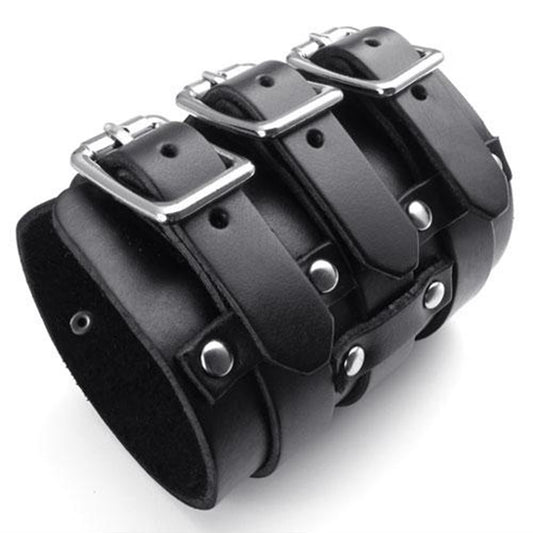 jonline24h Wide Genuine Leather Triple Strap Men's Bangle Cuff Bracelet Wristband Punk Rock Adjustable Fits 7.5" to 9" Black
