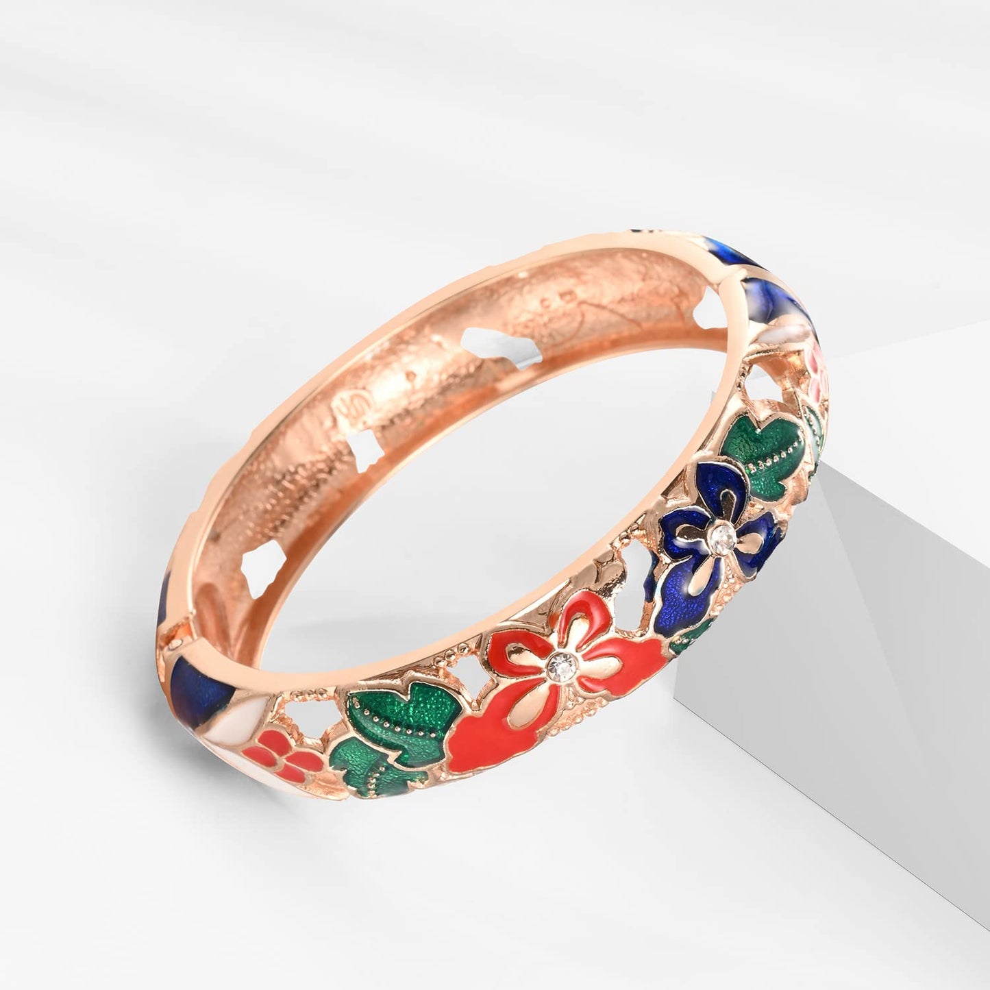 UJOY Bracelet Cloisonne Jewelry Fashion Opening Hinged Bangles Crafted Blue Colored Enamel Flower Gifts for Women 88A09 Blue