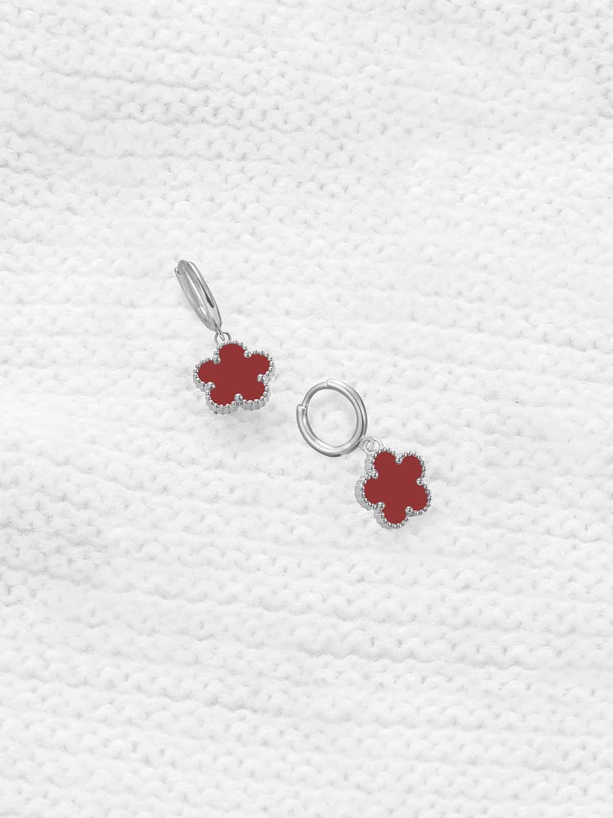Gold Plated Five Leaf Clover Dangle Earrings for Women Lucky Flower Jewelry (Burgundy-White Gold Plated)