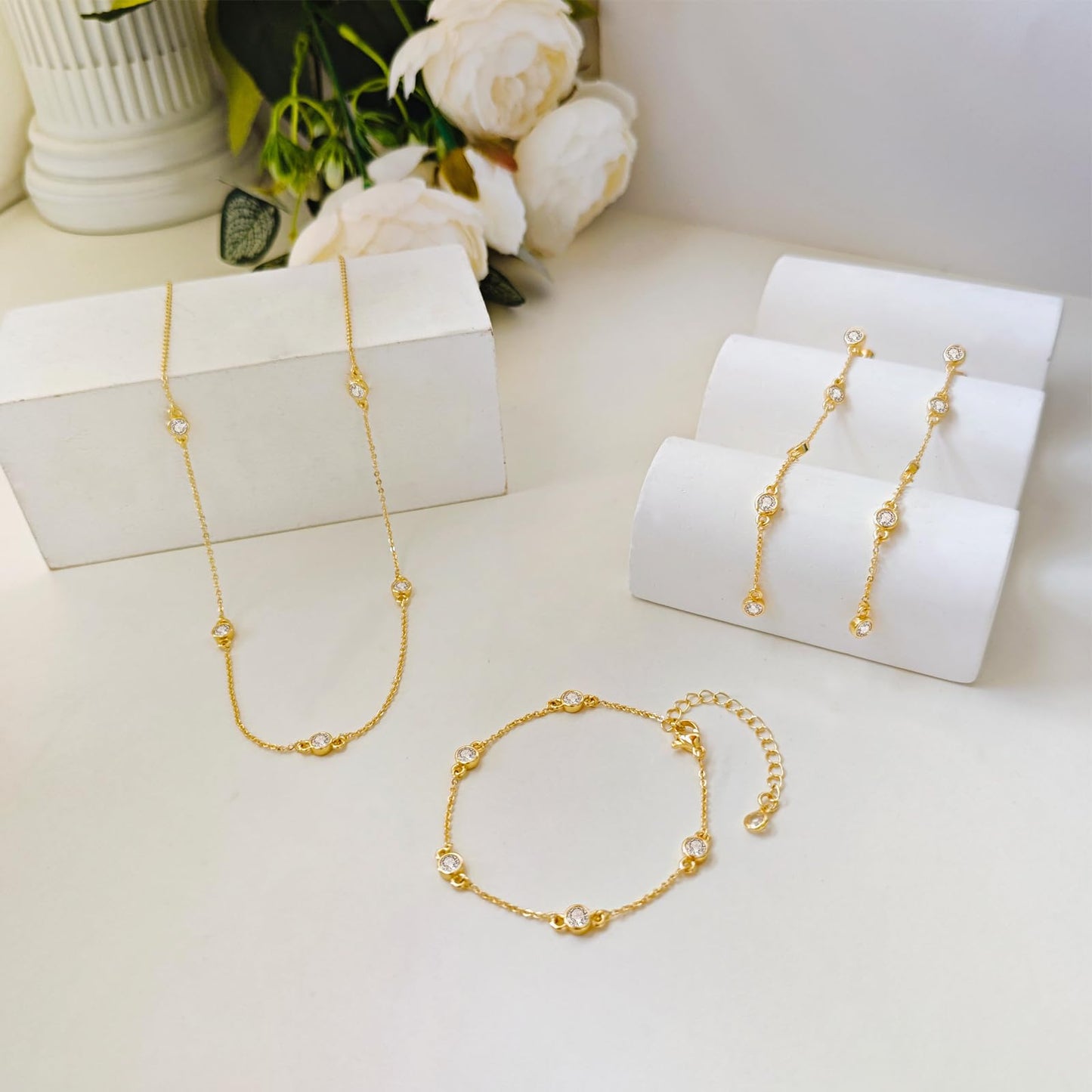 LULII Gold Jewelry Set for Women Dainty 14K Gold Plated Diamond CZ Chain Necklace and Earring Set with Drop Earrings Bracelets Gold Necklace Wedding Jewelry Gift