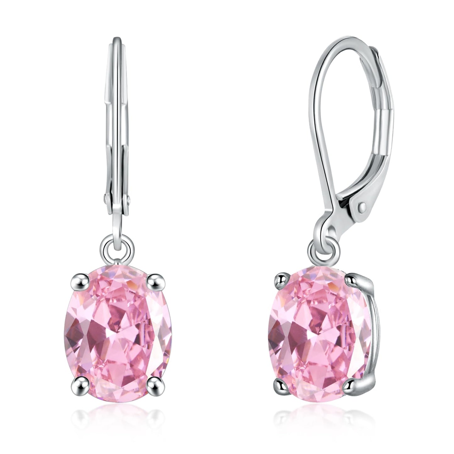 CiNily Cut-Oval Leverback Dangle Earrings for Women Pink Cubic Zircon 14k White Gold Plated Hypoallergenic Hanging Lever Earrings Lightweight Summer Drop Earrings