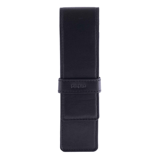 DiLoro Leather Double Pen Case Pencil Pouch Holder for Two Fountain Ballpoint Rollerball Pens and Pencils (Black)