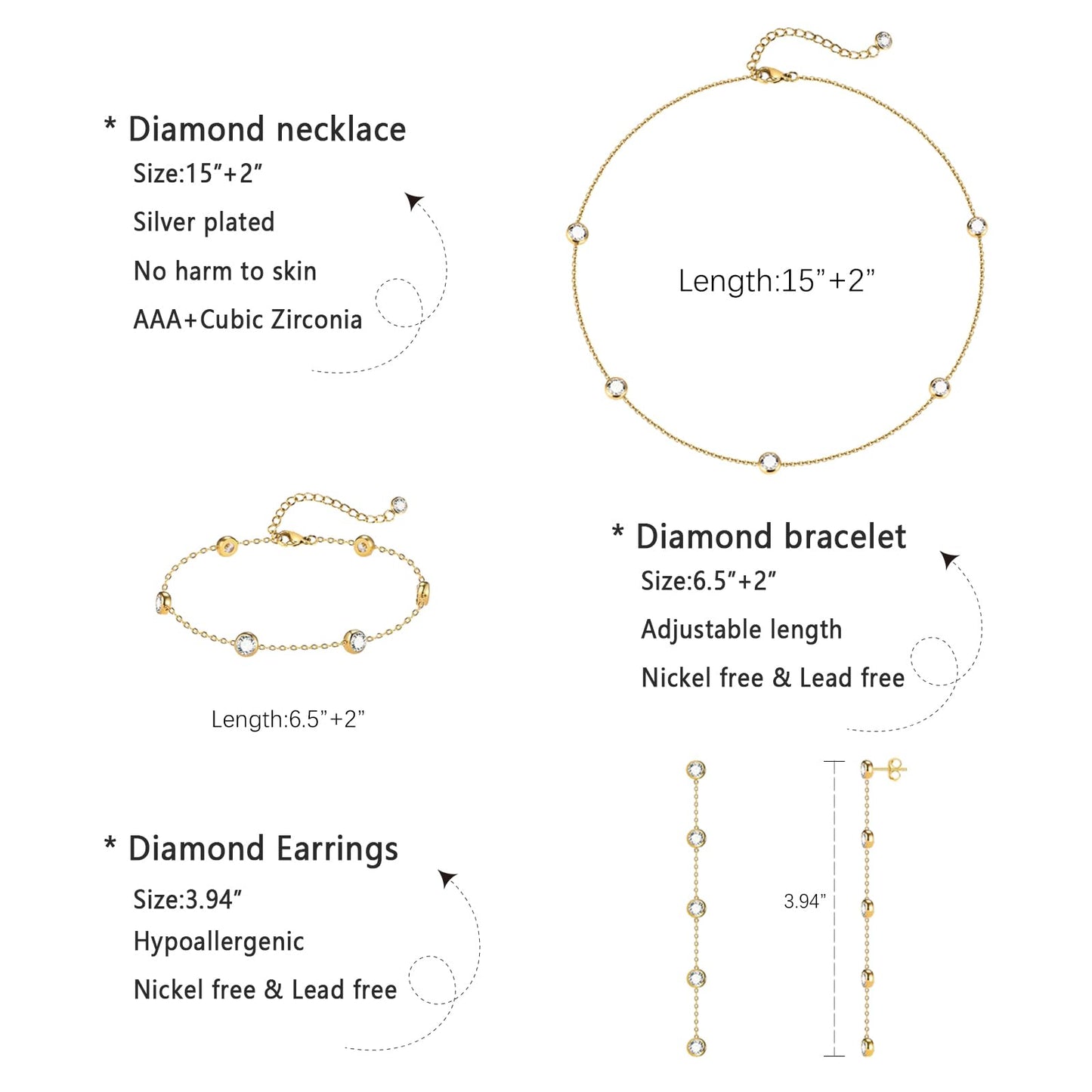 LULII Gold Jewelry Set for Women Dainty 14K Gold Plated Diamond CZ Chain Necklace and Earring Set with Drop Earrings Bracelets Gold Necklace Wedding Jewelry Gift