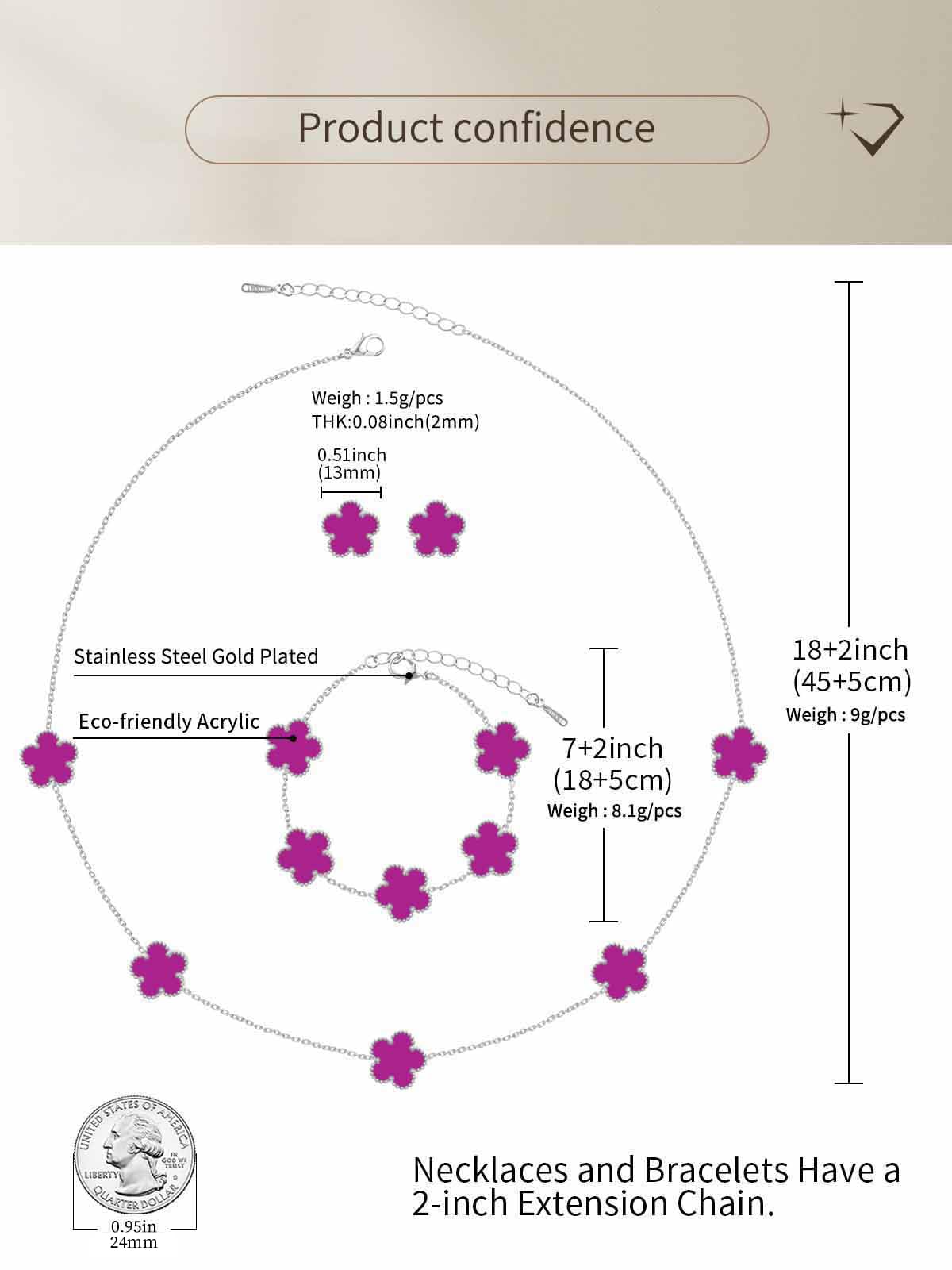 Qinpan Five Leaf Clover Necklace Bracelet and Stud Set for Women Lucky Flower Jewelry (Purple-Stainless Steel)