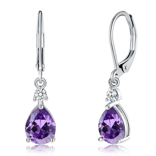 CiNily Leverback Dangle Earrings for Women 14K White Gold Plated Drop Earrings Purple Cubic Zircon Fashion Teardrop Hoop Earrings Hypoallergenic Jewelry for Sensitive Ear