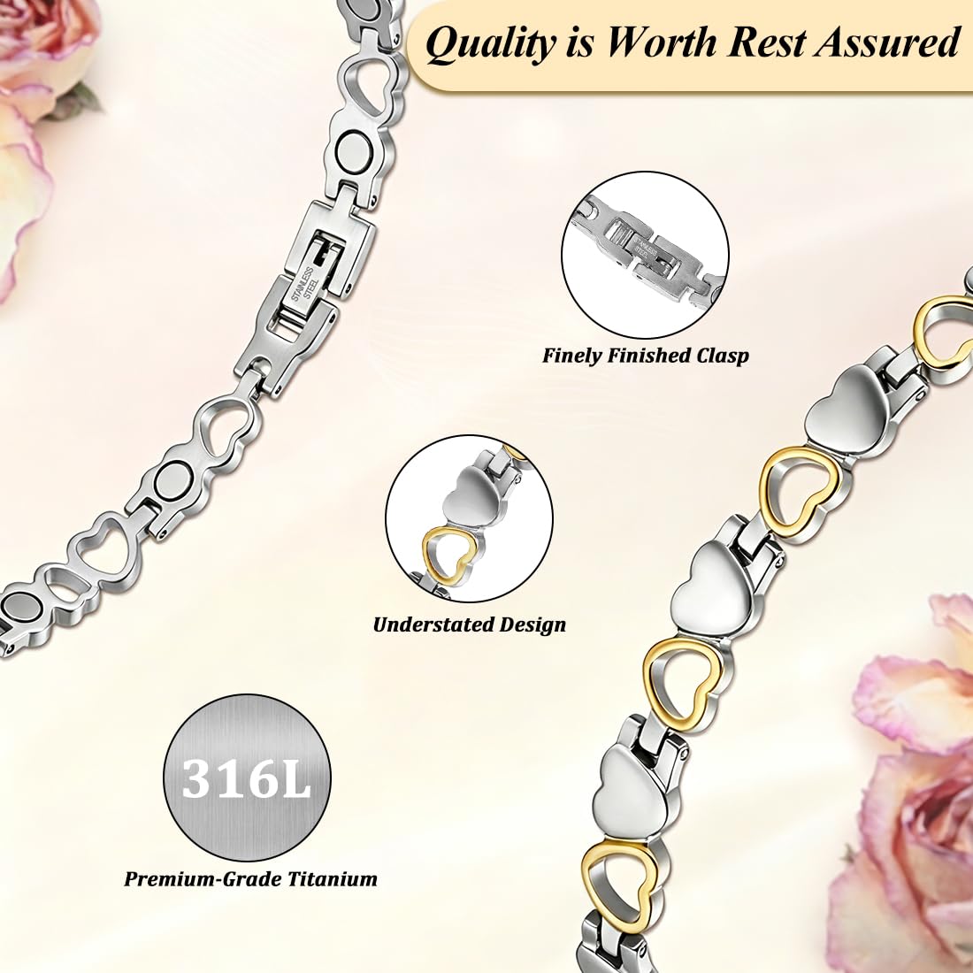 Vicmag Magnetic Bracelet for Women, Titanium Steel Bracelet with Ultra Strength Magnets, Waterproof & Adjustable, Jewelry Gift with Sizing Tool(Silver Gold Heart)