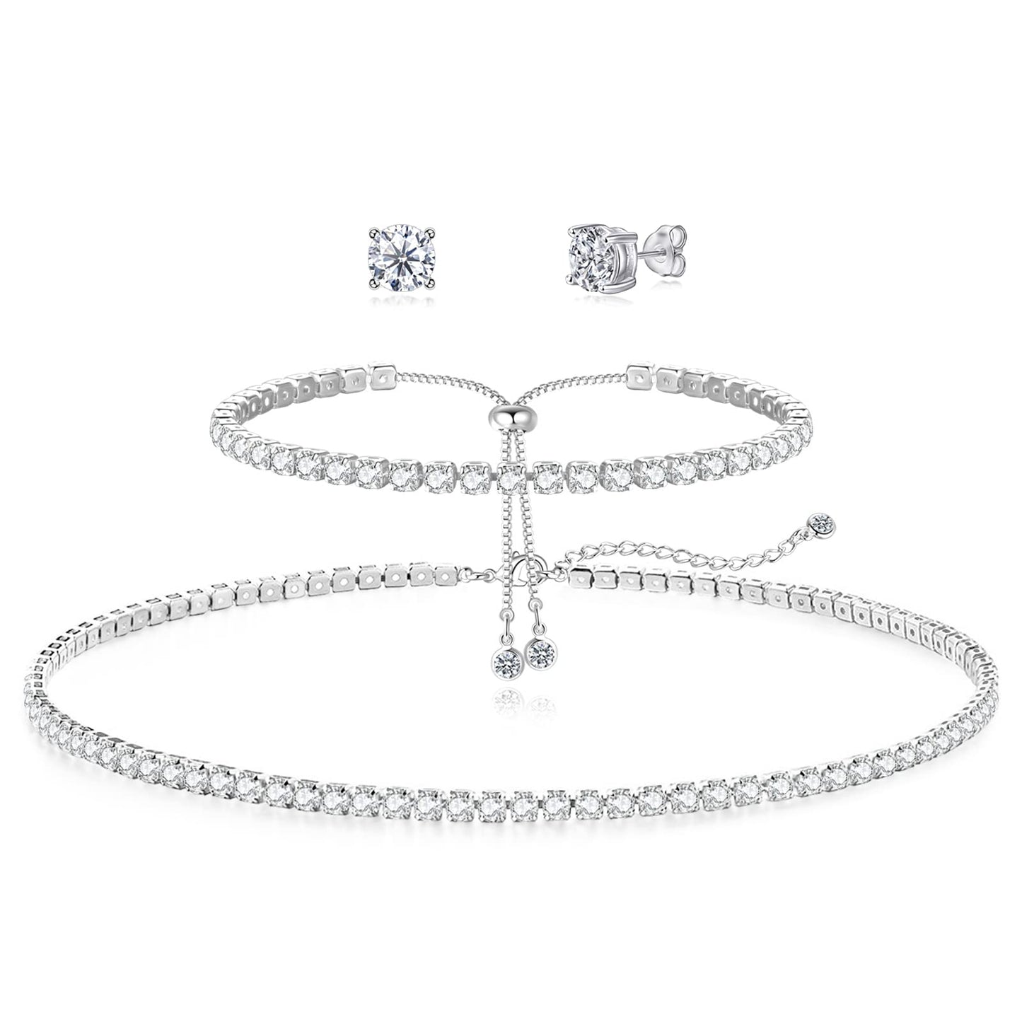 LULII Tennis Necklace Set for Women Dainty Sterling Silver Necklace and Earring Sets Diamond Earrings Crystal Bracelets for Women Silver Jewelry Sets for Bride Gift