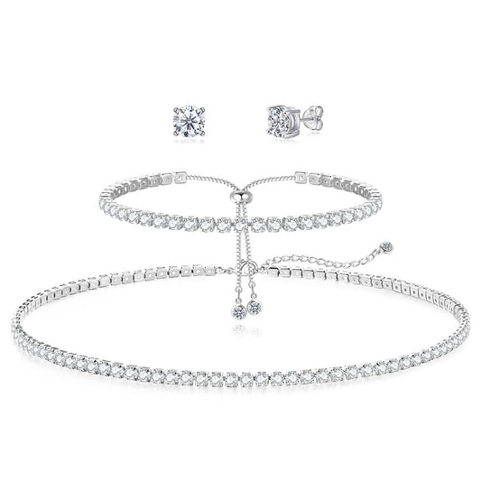 LULII Tennis Necklace Set for Women Dainty Sterling Silver Necklace and Earring Sets Diamond Earrings Crystal Bracelets for Women Silver Jewelry Sets for Bride Gift