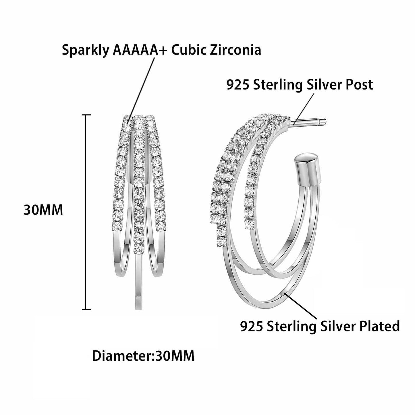 GLOQUAT Silver Plated Hoop Earrings for Women Trendy Triple Silver Earrings for One Hole Elegant Double Hoops Earring Lightweight and Hypoallergenic Sparkly Jewelry Gifts 30mm