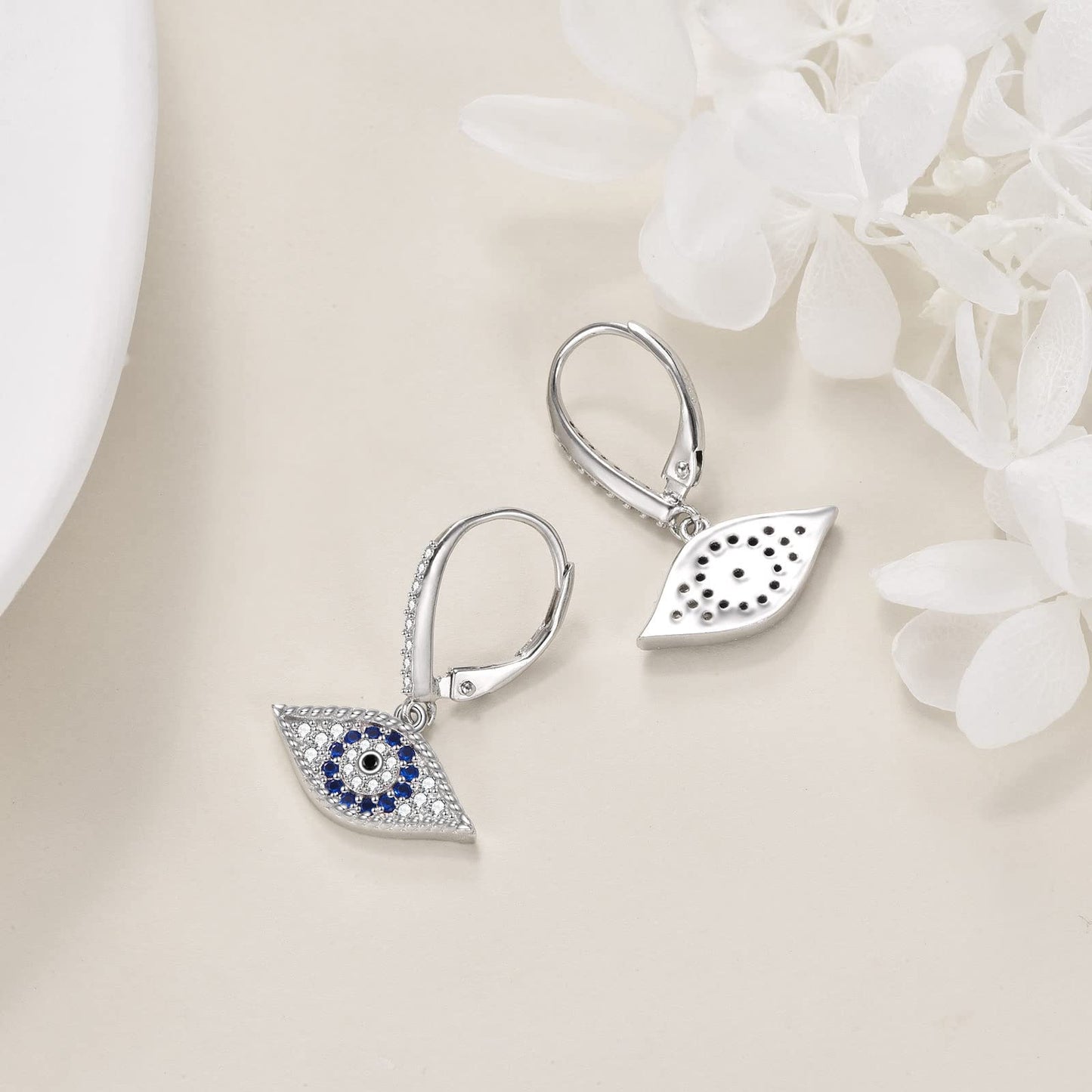 VONALA Evil Eye Earrings 925 Sterling Silver Leverback Dangle Earrings Turkish Blue Eye Drop Dangling Earrings Protection Jewelry Gift for Women
