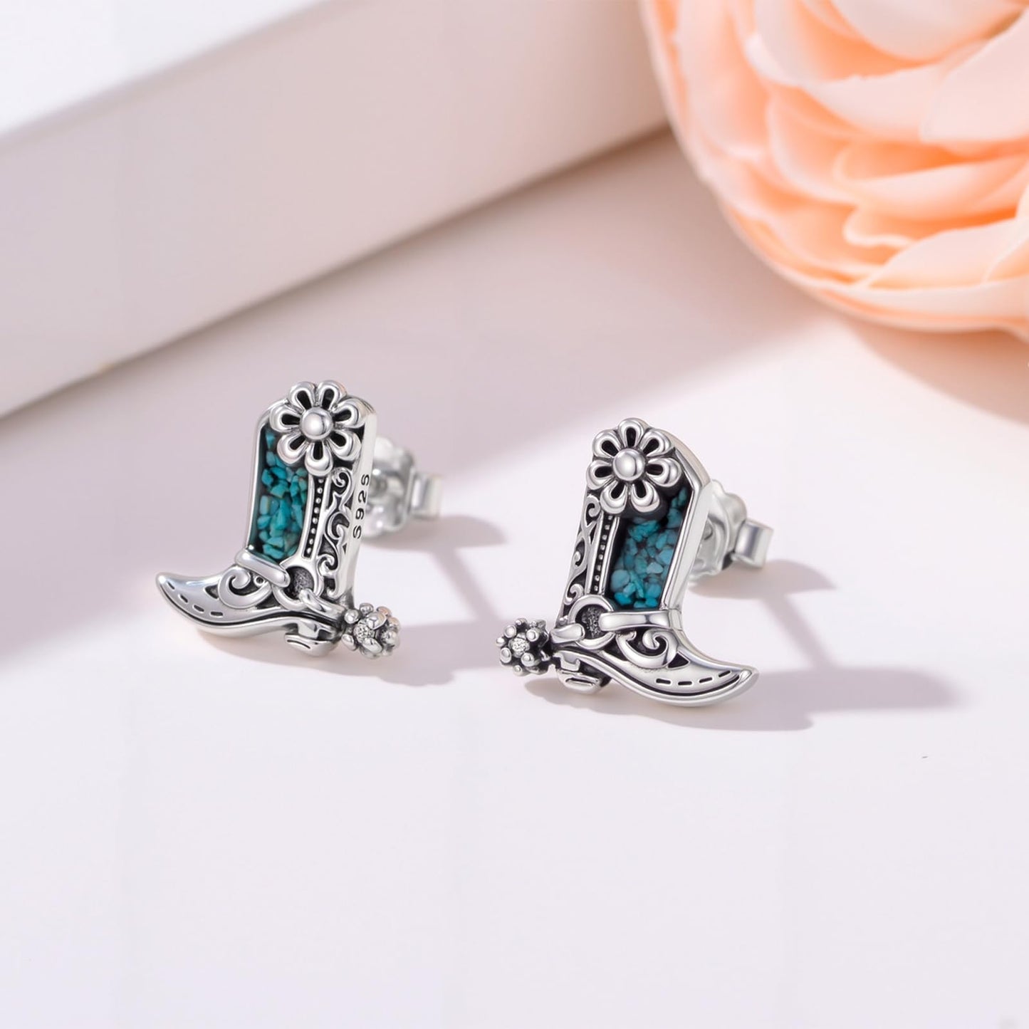 KoyeKei Cowgirl Boot Earrings 925 Sterling Silver Cowboy Texas Boot Stud Earrings Western Turquoise Cowboy Carter Jewelry Country Graduation Gifts for Mom Women