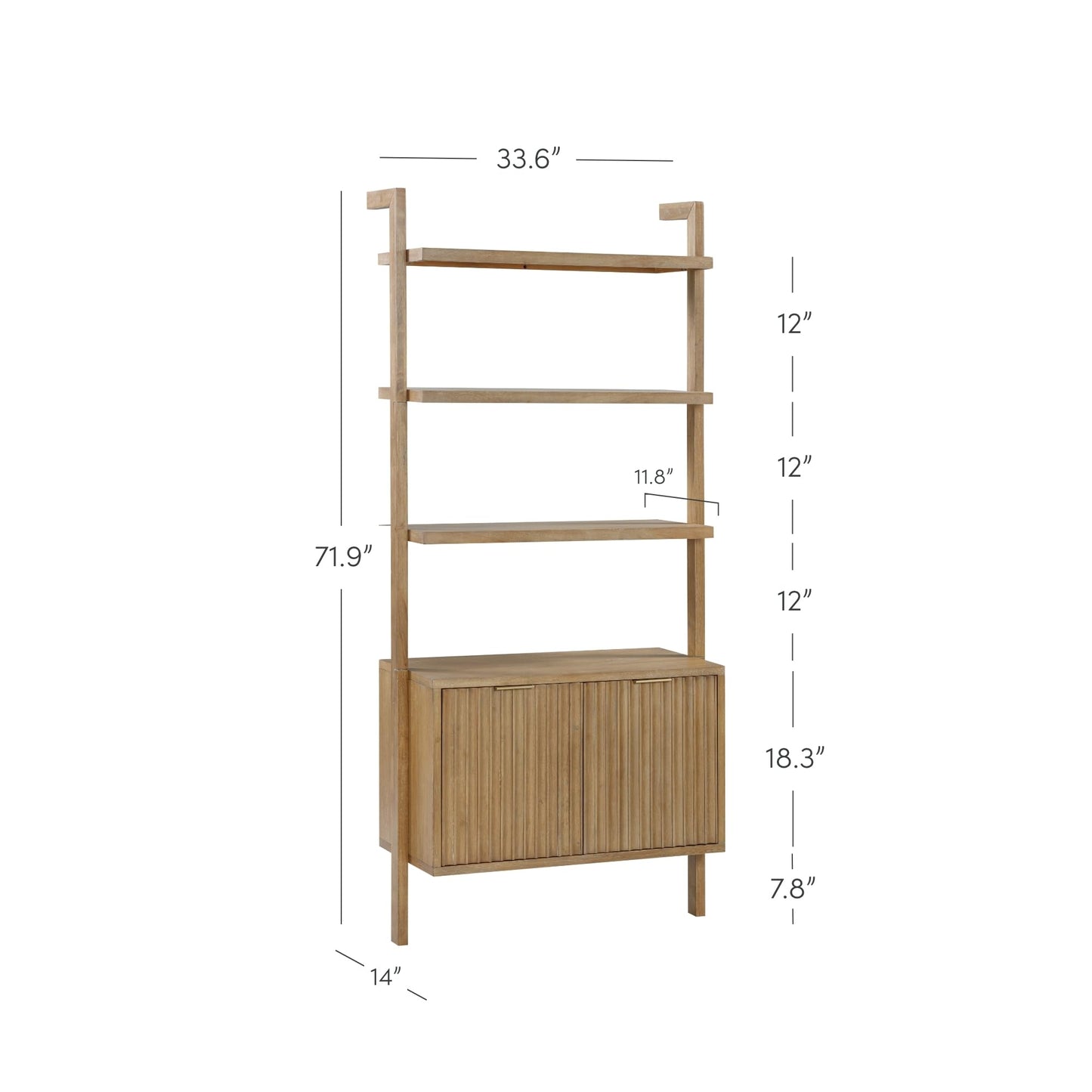 Nathan James Jasper 3-Shelf Solid Wood Boho Bookshelf, Wall Mounted Bookshelf with Cabinet with Fluted Doors, Light Brown