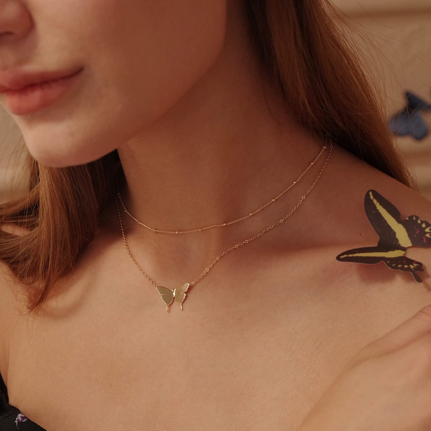 MEVECCO Gold Butterfly Necklaces Layered Choker Necklace for Women,18K Gold Plated Dainty Cute Handmade Jewelry