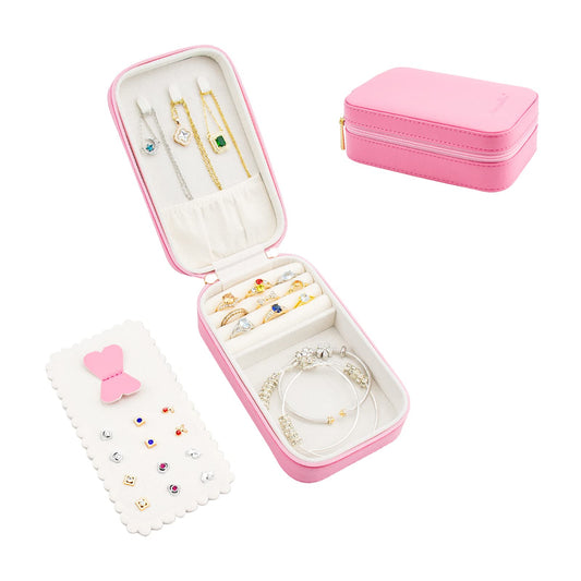 Small Travel Jewelry Organizers Box for women with PU Leather Portable Mini Jewelry Case with compartments for Necklace Rings Earrings,Luxury Giftable boxes. (Pink, M)