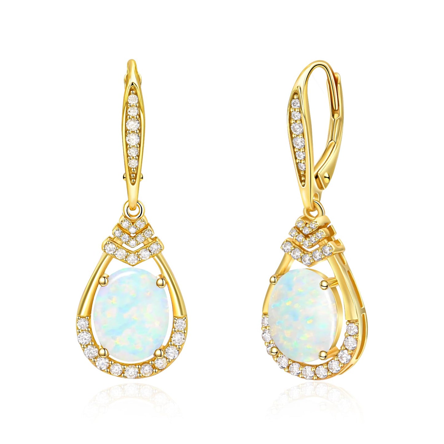Valentine's Day Gifts for Women |18K G Plated Sterling Silver Birthstone Teardrop Leverback Drop Earring for Women Lady | Wedding Jewelry Gifts for the Bride | Hypoallergenic Oval Cut CZ Earrings (Silver-10-Oct.-18k Plated-Opal)