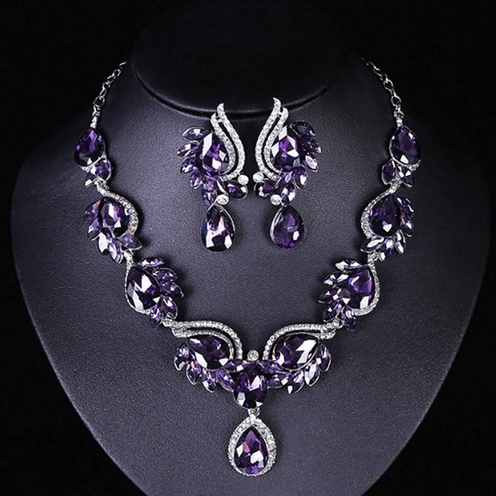 Qlavoca Elegant Crystal Jewelry Set for Women Teardrop Rhinestone Necklace and Dangle Earrings Set for Bridal Evening Prom Jewelry (Purple)