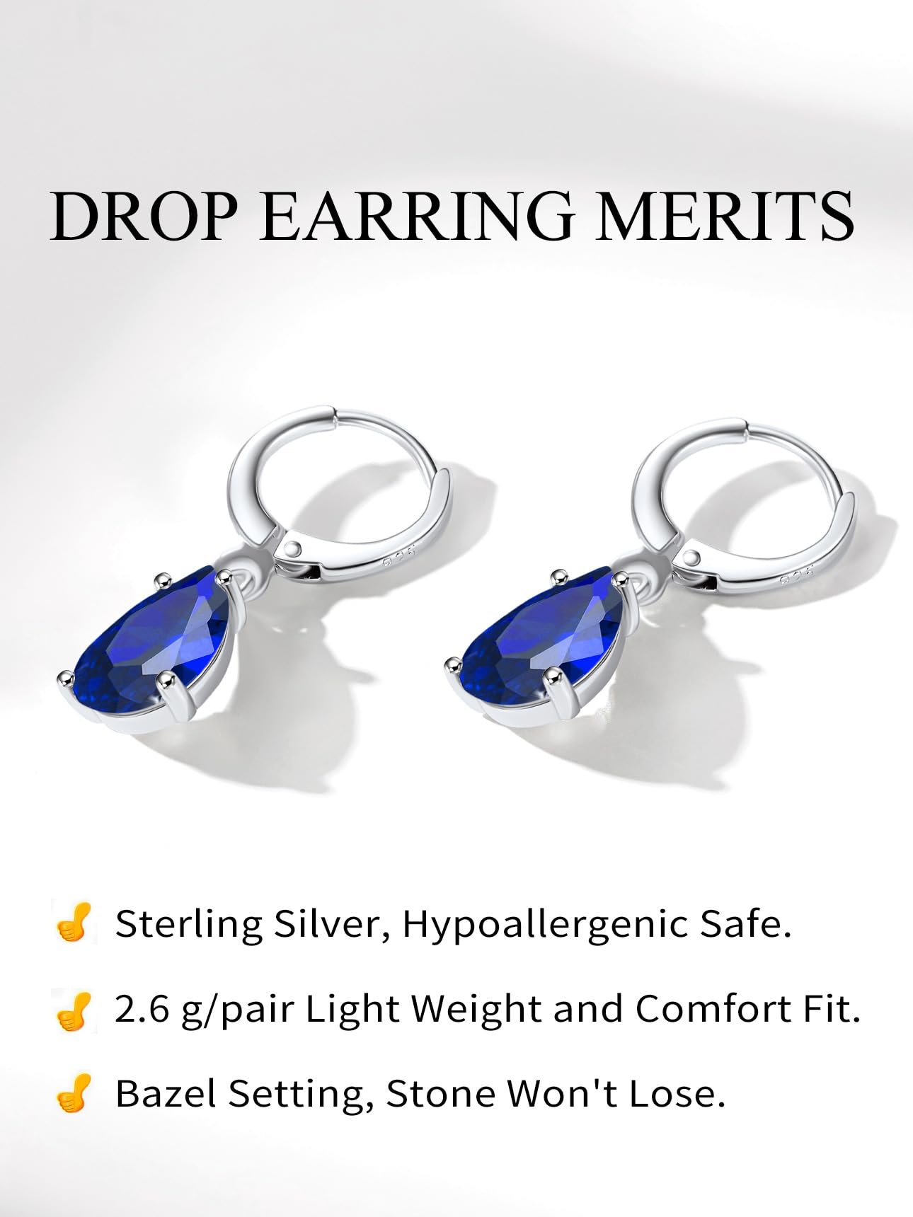 Bestyle 925 Sterling Silver September Birthstone Hoop Dangle Earrings - Clear Created Rectangle Sapphire Crystal Drop Blue Earrings - Trendy Cute Women's Small Hoop CZ Dangle Earrings