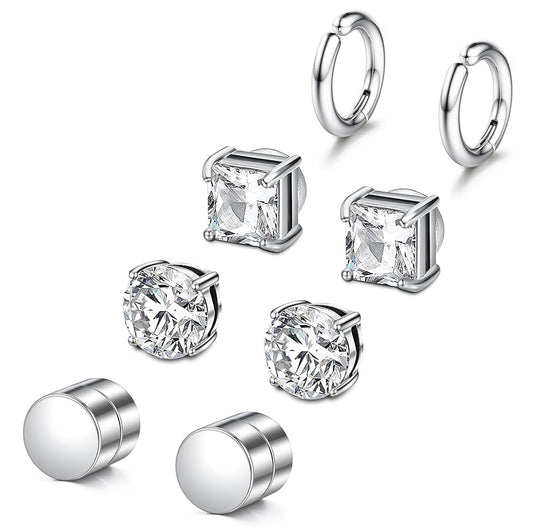 SIISPRI Magnetic Earrings for Men and Women,4 Pairs Clip on Earring Hypoallergenic Shiny Cubic Zirconia Stud Earrings Unisex Non Pierced Silver Ear Cuff Gold Fake Huggie Earrings Set (Silver)