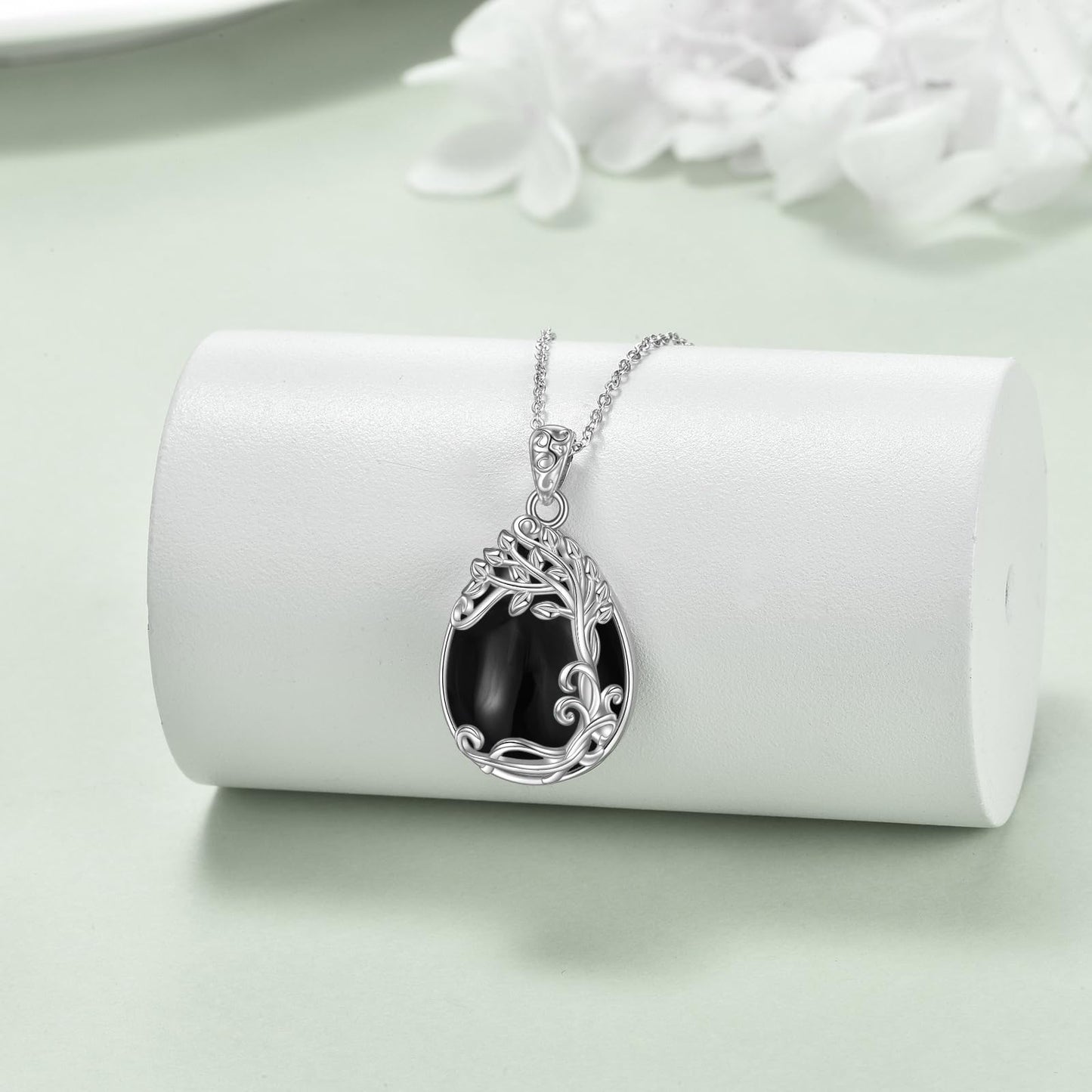 YAFEINI 925 Sterling Silver Black Onyx Necklace Jewelry Tree of Life Teardrop Pendant Black Onyx Gift for Women (MM-Tree of Life Black Onyx Necklace)