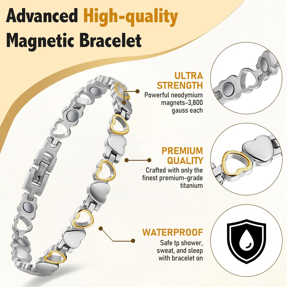 Vicmag Magnetic Bracelet for Women, Titanium Steel Bracelet with Ultra Strength Magnets, Waterproof & Adjustable, Jewelry Gift with Sizing Tool(Silver Gold Heart)