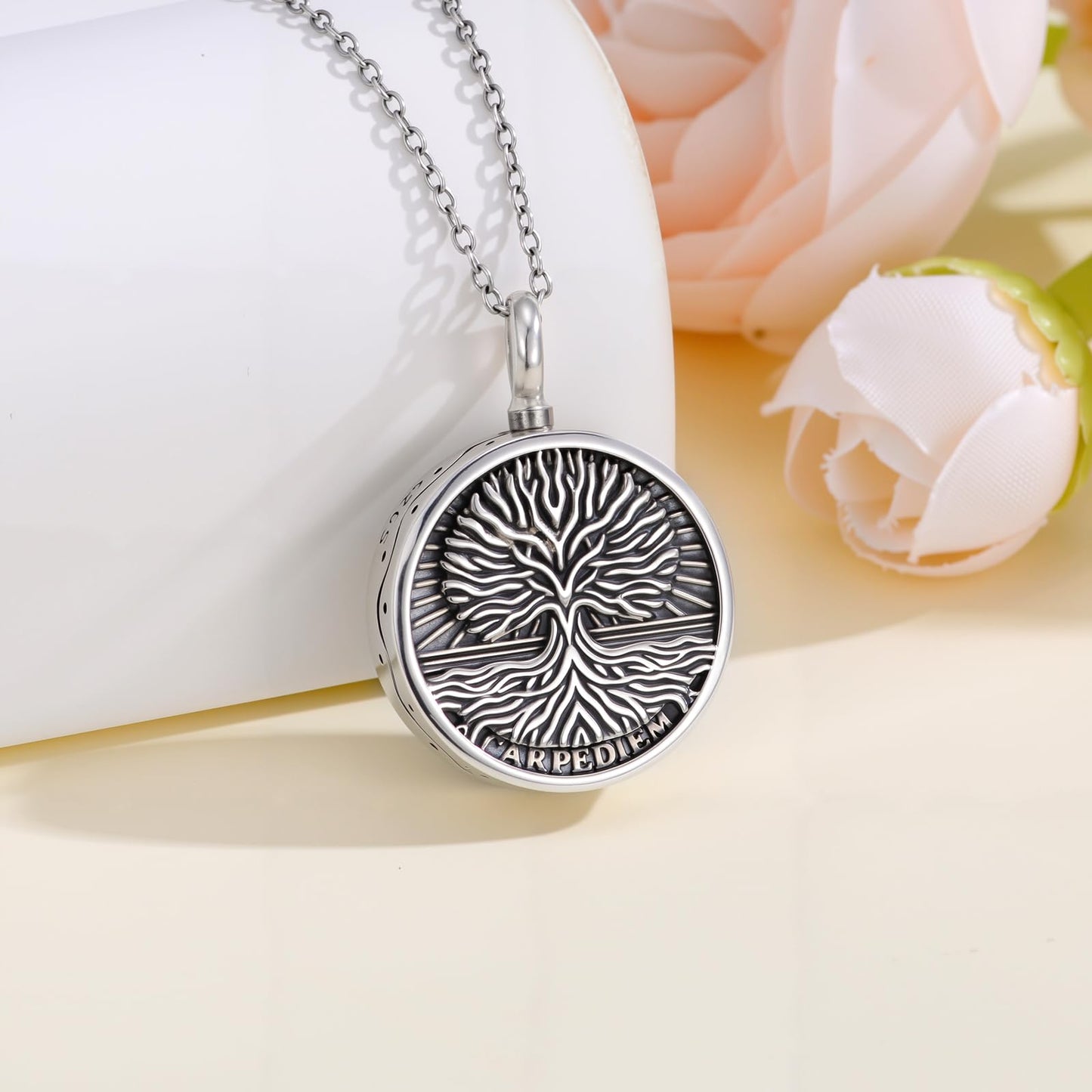 POIUY Memento Mori Silver Urn Necklace for Ashes Gothic Skull Cremation Pendant Tree of Life Memorial Keepsake Jewelry Stoicism Mori Gift for Men Women 22+2 Inch Chain