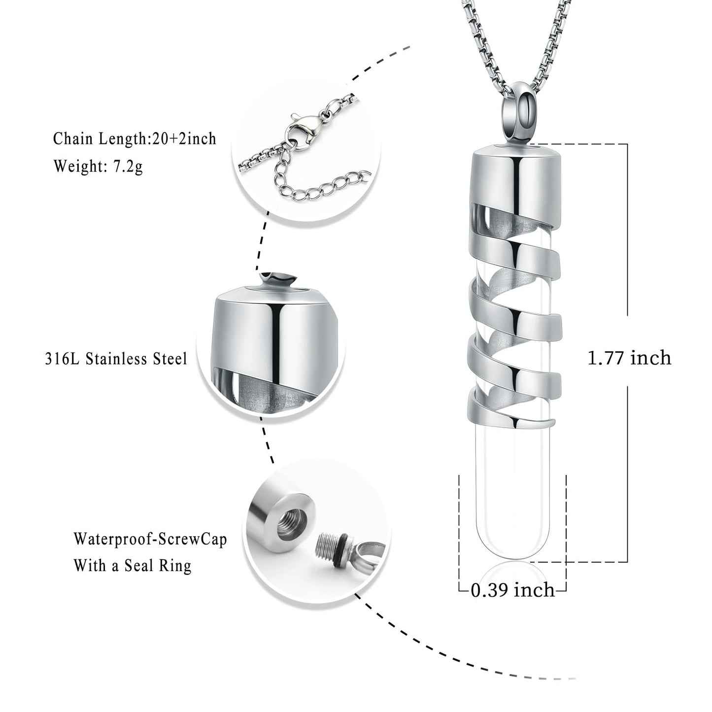 Oinsi Clear Glass Tube Cremation Jewelry for Men Women Ashes Holder Necklace Keepsake Cylinder Memorial Pendant Angel wings Urn Necklace (Sliver)