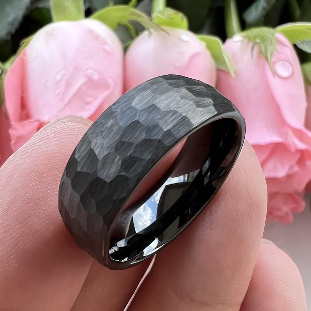 TUTISS 8mm Black Hammered Tungsten Rings for Men Women Fashion Engagement Wedding Bands Domed Matte Finish Comfort Fit Size 8