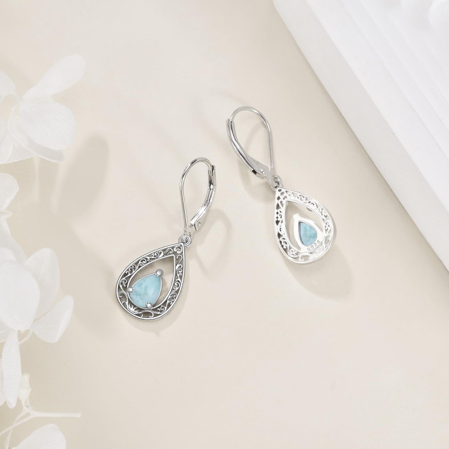 VONALA Filigree Larimar Earrings 925 Sterling Silver Larimar Leverback Earrings Teardrop Dangle Dangling Earrings Jewelry Gift for Women